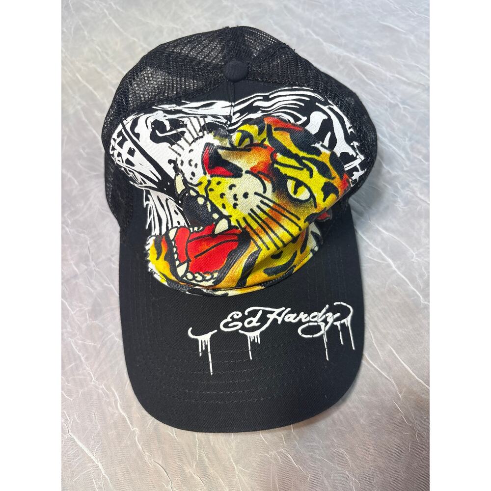 Ed Hardy Trucker Snapback Mesh Hat Tattoo Tiger Head Y2K
